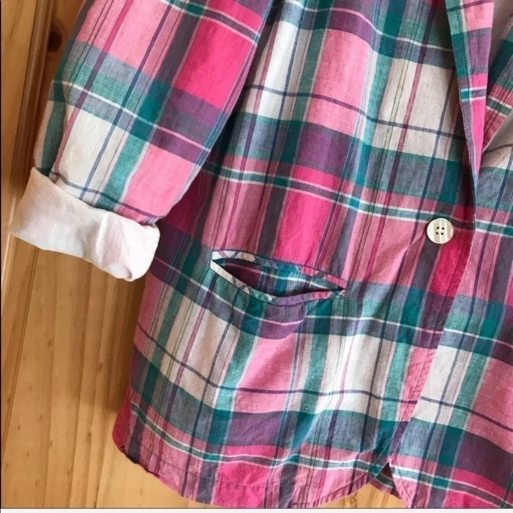 Vintage F Shay pink green plaid boyfriend blazer plus size 14